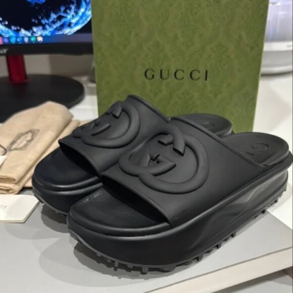 Gucci Ladies' Black G Logo Interlock Platform Sandals - Picture 1 of 6